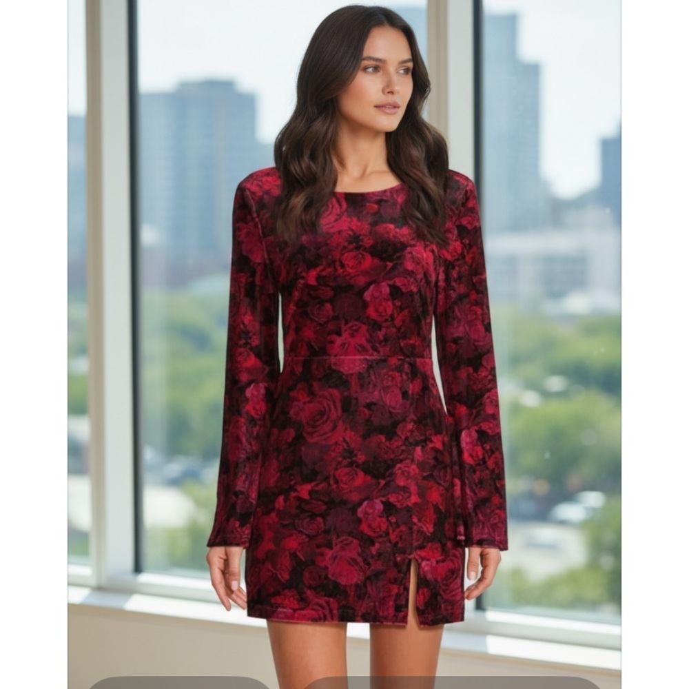 Chelsea & Violet Velvet Floral Mini Dress Red Whimsigoth Gothic Open Back Size L